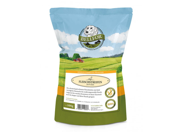 Bellfor Snacks Enten Fleischstreifen, 100 g - hochwertige Leckerlis für Hunde