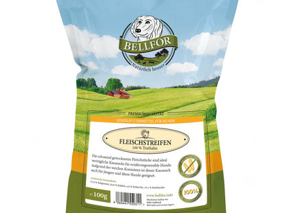 Bellfor Snacks mit Truthahn Fleischstreifen - hochwertige Leckerlis für Hunde, 100 g