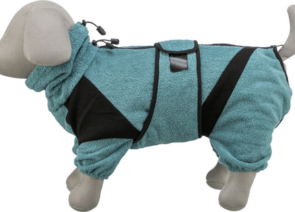 Gemütlicher Frottee-Hausoverall für Hunde in Petrol, ideal für Badezeit und Zuhause