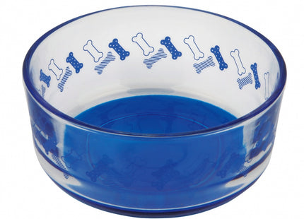 Blauer Glasnapf mit Knochenmotiv für Haustiere