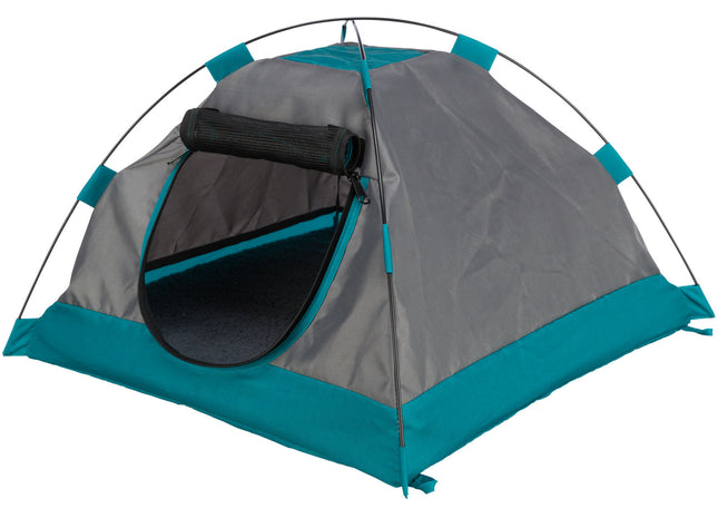 Gemütliches Zelt für Hunde in Dunkelgrau-Petrol, ideal für entspannte Ruhepausen