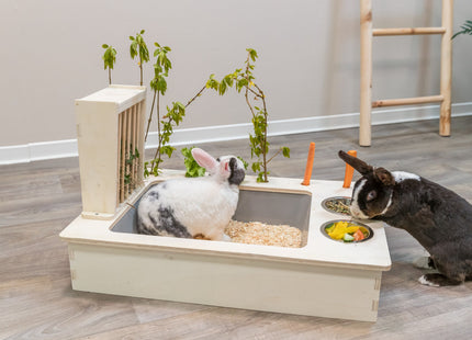 Trixie Futterstation – Holz mit Näpfen und Heuraufe